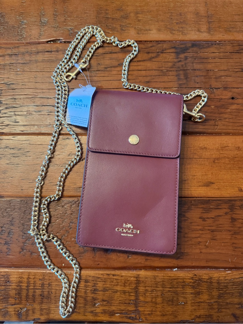 Coach Burgundy Leather Crossbody Phone Pouch with Gold Chain Strap